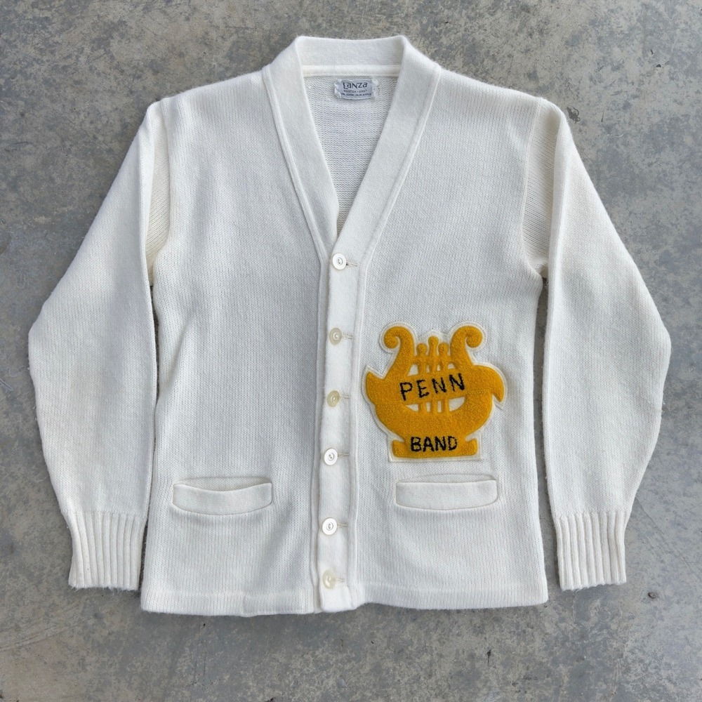 Lanza Letterman Varsity Cardigan Sweater Men Small White Penn Band Vintage Knit